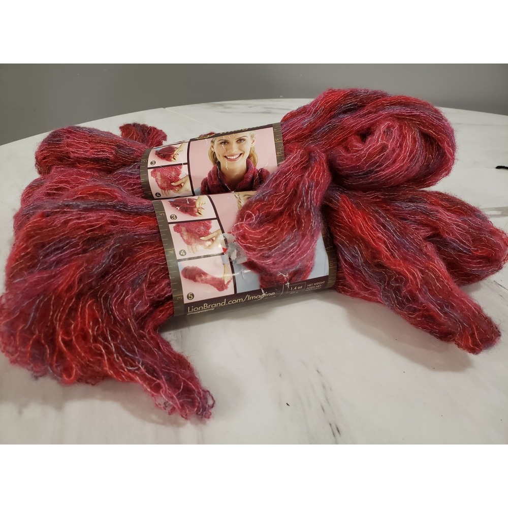 2 Lion Brand Imagine Prints Ribbon Yarn Scarf Cowl Skein Strawberry Fields 309